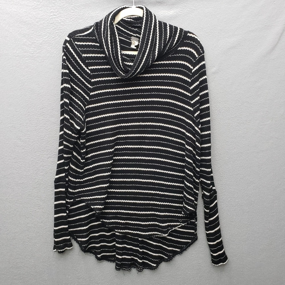 We The Free People Drippy Thermal Cowl Neck Top Black White Stripe Neutral Sz L